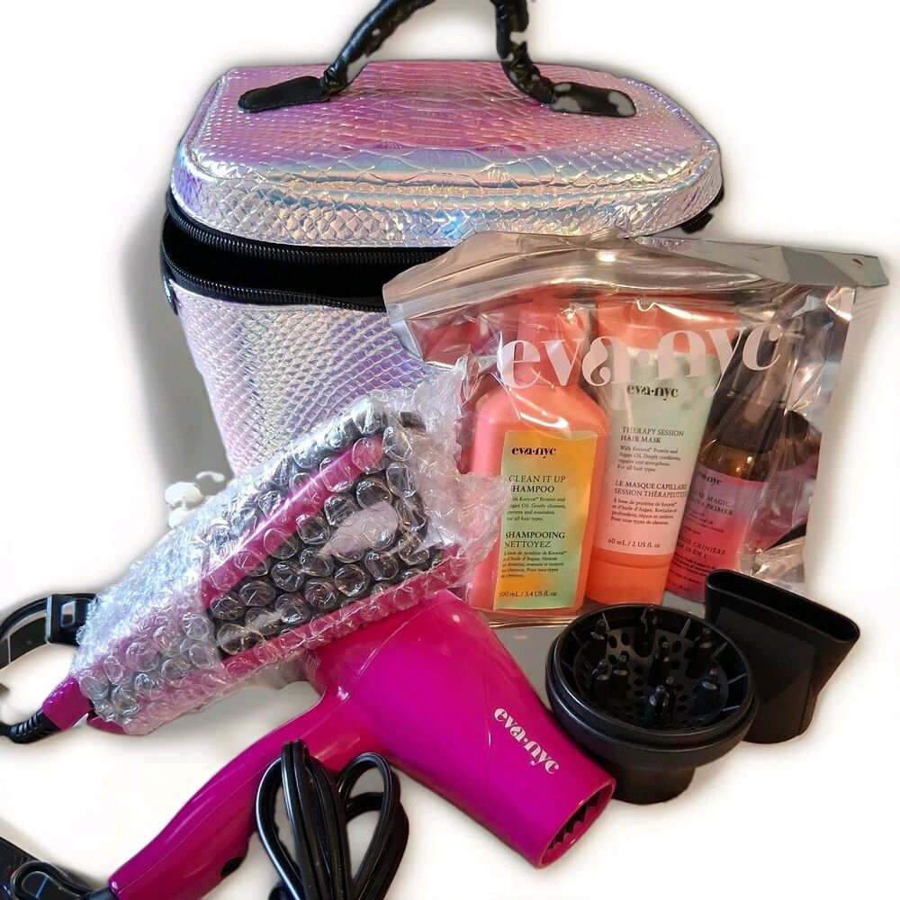 New Eva NYC Mini Hair Dryer Flat Iron Travel Set Holographic Case Diffuser